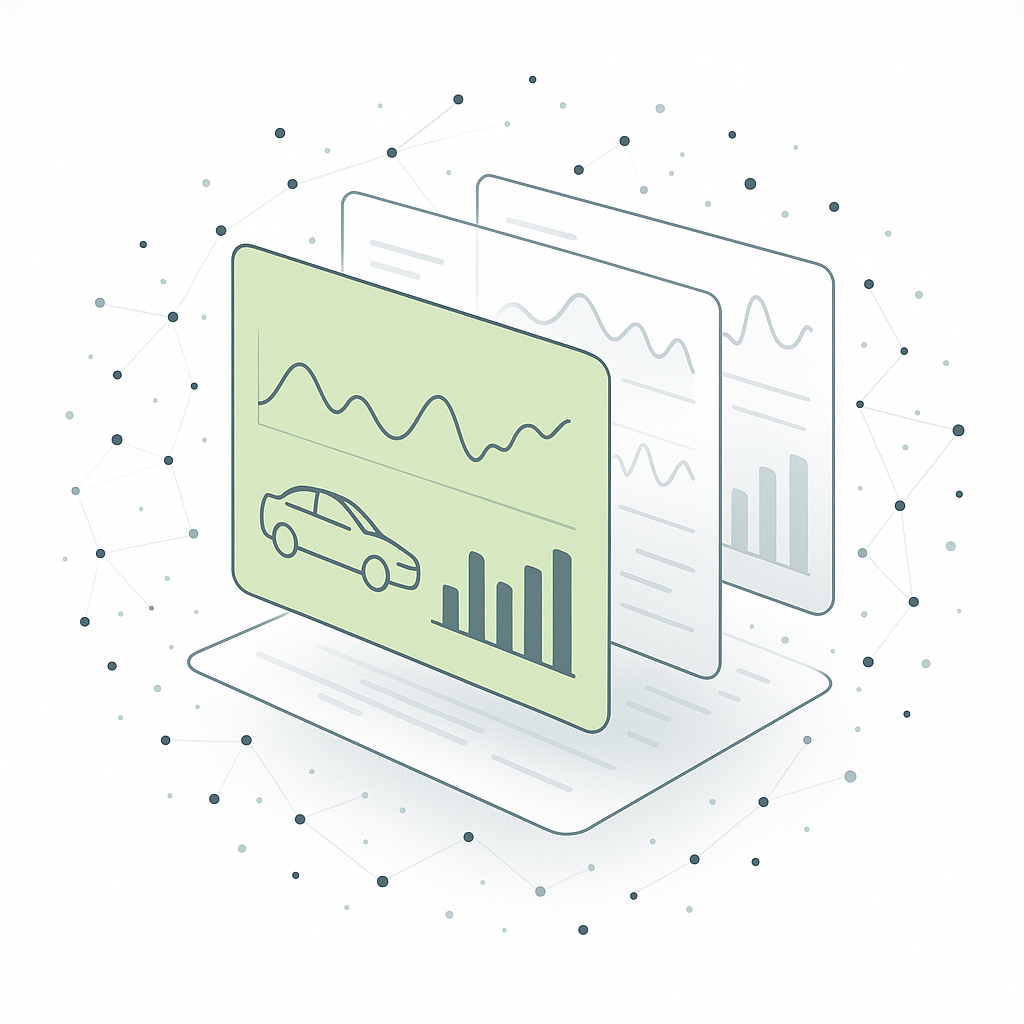 3D floating dashboard interface emerging from automotive data points Multiple layered transparent screens showing bar charts line graphs and car analytics One prominent screen in pistachio green others in whitelight gray Data particles or dots connec-1